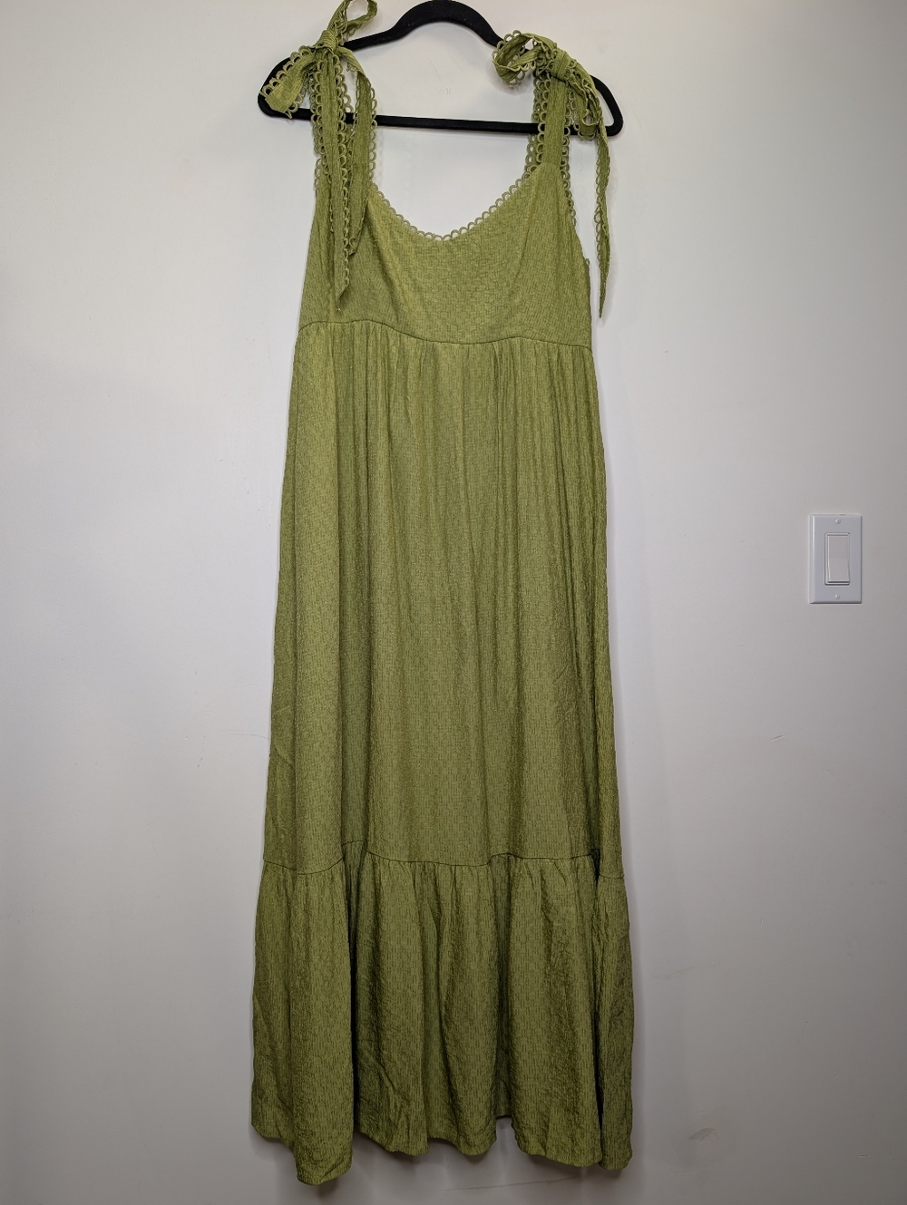 MINE Olive Green Tie Shoulder Boho Midi Dress | Textured Flowy L - Picture 2 of 7
